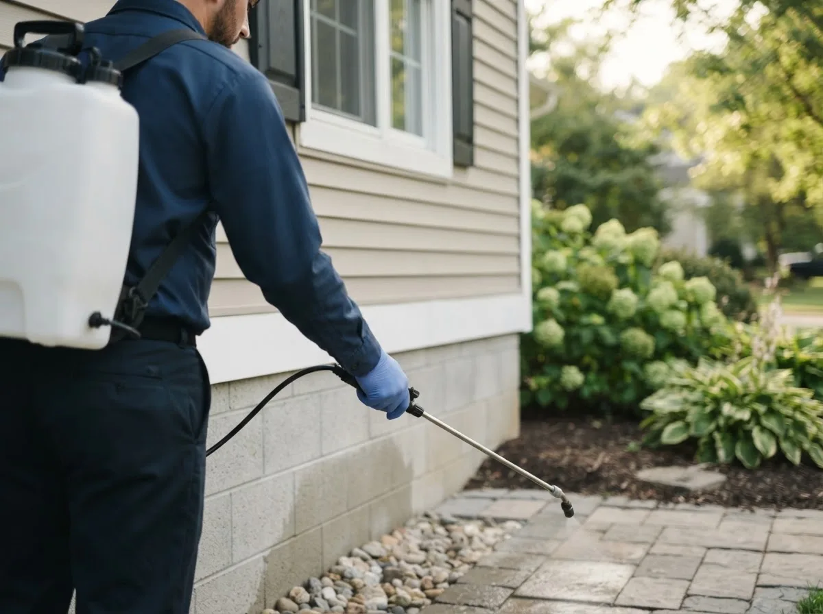 Pest control technician inspecting a home in Wingate, NC